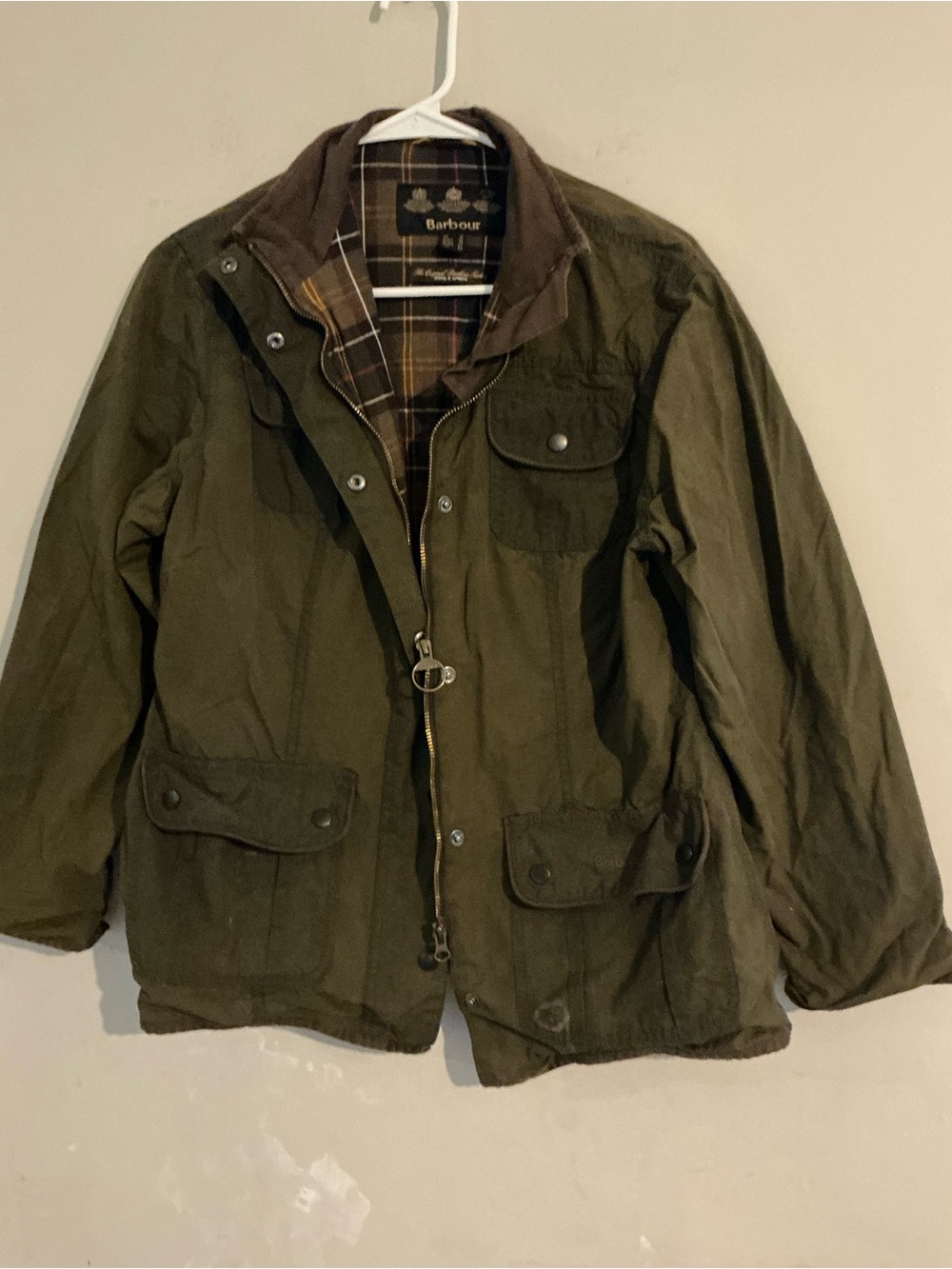 Barbour Olive Green Field Jacket with Tartan Lining